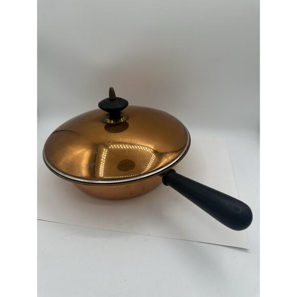 Vintage Copper Metal Sauce Pan With Lid And Black Handle 10” Diameter - Picture 1 of 8